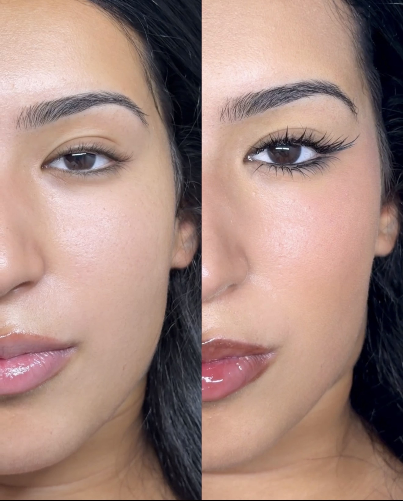 Before and after of a client, natural lashes beside a finished designer set