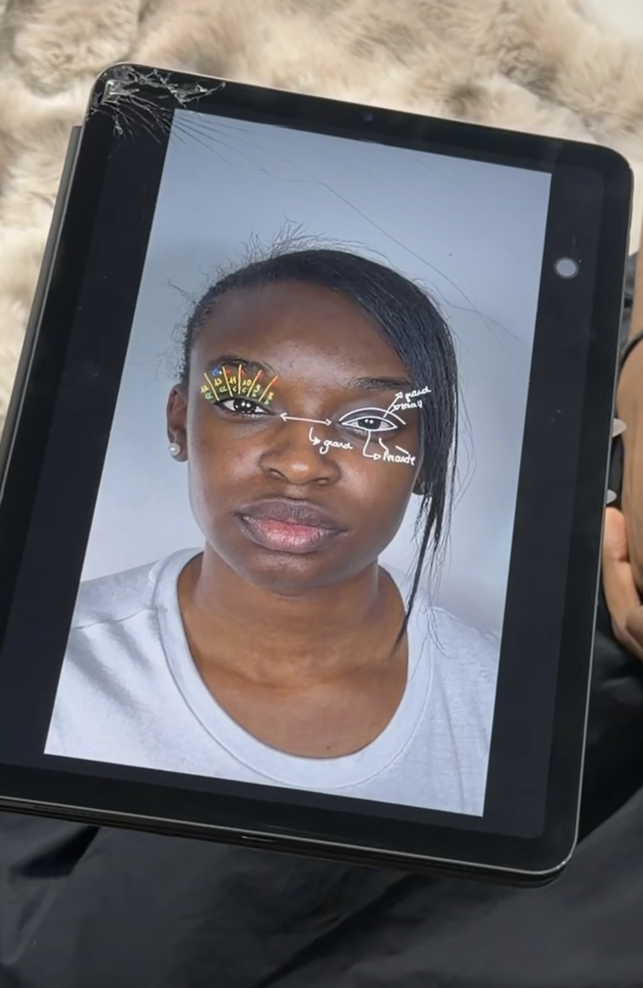 Lash mapping and design drawn over a model on a tablet